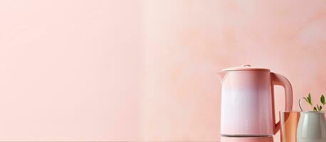 Photo of a pink and silver coffee pot against a pink wall with empty space for text or design with copy space