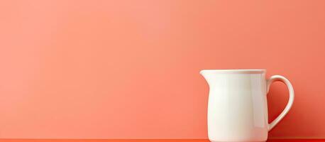 Photo of a simple white pitcher on a wooden table with plenty of space for your creative ideas with copy space