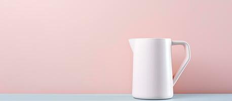 Photo of a simple white pitcher on a wooden table with plenty of empty space around it with copy space