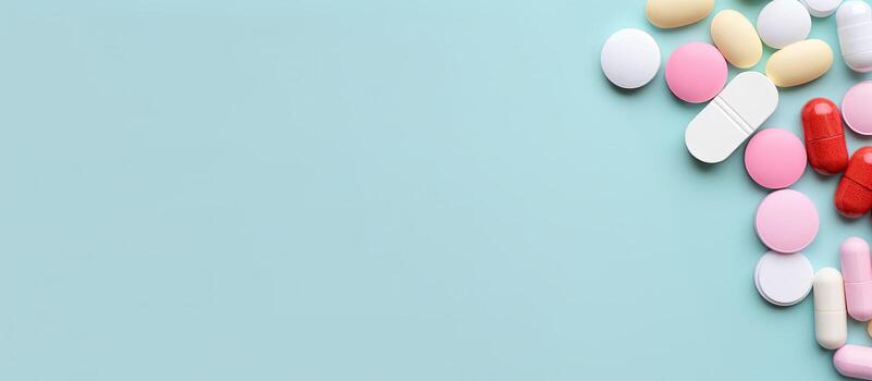 Photo of a stack of pills on a vibrant blue table surface with empty space for text or graphics with copy space