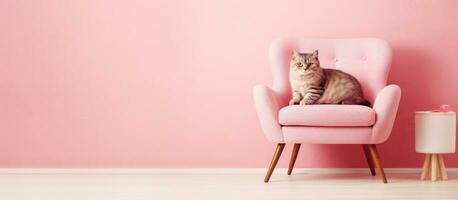 foto de un linda gato descansando en un vibrante rosado silla en un acogedor rosado habitación con mucho de espacio para tu creativo ideas con Copiar espacio