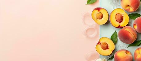 Photo of peaches with leaves on a vibrant pink background   copy space available with copy space