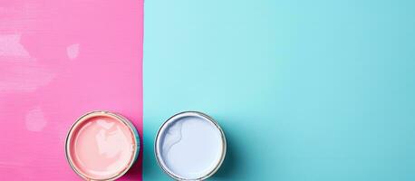 Photo of paint cans on colorful wall with copy space with copy space