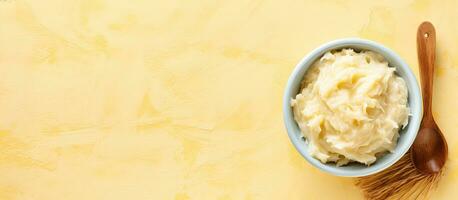 Photo of a delicious dessert with whipped cream in a blue bowl with copy space