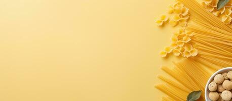 Photo of a delicious bowl of macaroni and cheese against a vibrant yellow backdrop with copy space