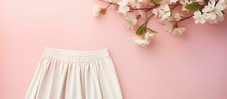 Photo of a white skirt hanging on a pink wall, with empty space for text or design with copy space