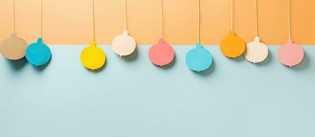 Photo of a colorful display of paper ornaments hanging from a string with copy space