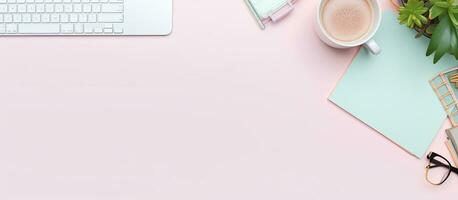 Photo of a pink desk with a laptop, keyboard, and a plant   a vibrant and stylish workspace with copy space