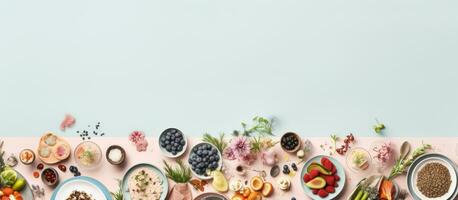 Photo of a table filled with a variety of deliciously plated dishes with copy space