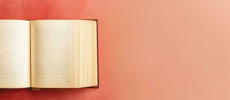 foto de un abierto libro descansando en un vibrante rojo muro, creando un visualmente sorprendentes contraste con Copiar espacio