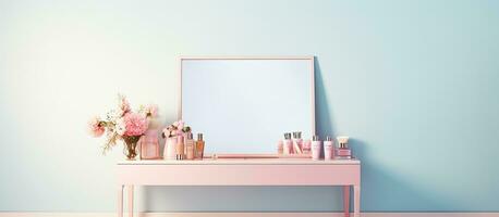 Photo of a pink vanity with a mirror and a vase of flowers with copy space