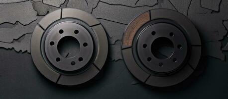 Photo of brake discs on a black background with ample copy space with copy space