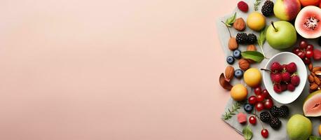 Photo of a colorful assortment of fresh fruits displayed on a table with copy space