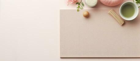 Photo of a cup of refreshing green tea on a wooden table with copy space