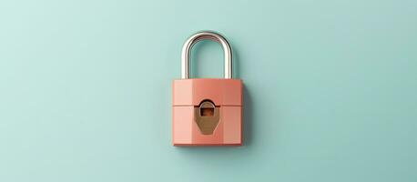 Photo of a pink padlock on a blue wall with empty space for text or design with copy space