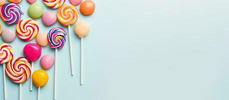 Photo of colorful lollipops on a vibrant blue background with copy space