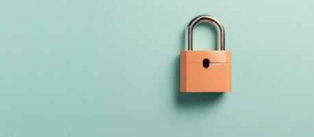 Photo of an orange padlock on a blue wall with empty space for text or design with copy space