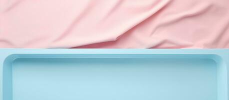 Photo of a blue tray on a vibrant pink background with empty space for text or design with copy space