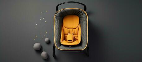 Photo of an empty baby car seat from a top down perspective with copy space