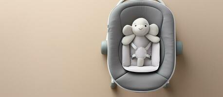 Photo of a baby stroller with a cute stuffed animal inside with copy space