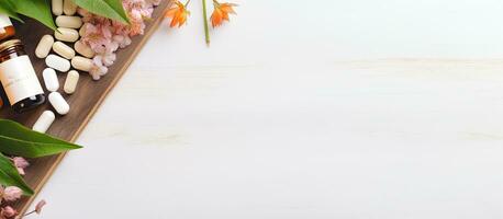 Photo of a table with a mix of pills and flowers, creating a contrasting and thought provoking image with copy space