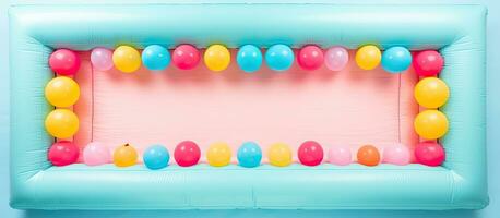 Photo of a balloon frame with colorful balloons floating on it against a clear blue sky with copy space