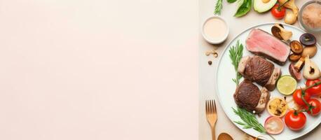 Photo of a delicious and nutritious plate of meat and vegetables with copy space