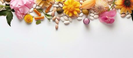 Photo of a colorful assortment of flowers and pills on a plain white background with copy space