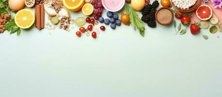 Photo of a colorful assortment of fresh fruits and vegetables on a table with copy space