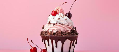 Photo of a delicious chocolate ice cream sundae with a cherry on top, perfect for indulging in a sweet treat with copy space