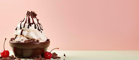 Photo of a delicious chocolate ice cream sundae with whipped cream and cherries with copy space