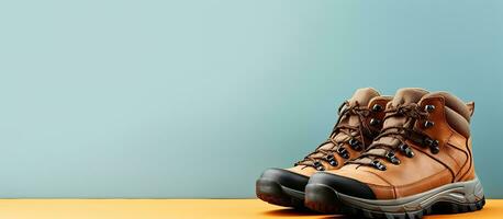 Photo of hiking boots resting on a wooden table, ready for the next adventure with copy space