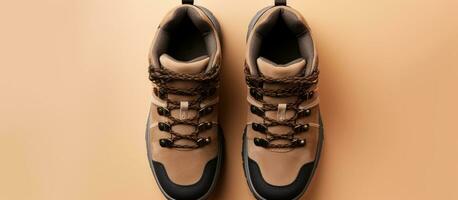 Photo of brown and black sneakers on tan background with copy space with copy space