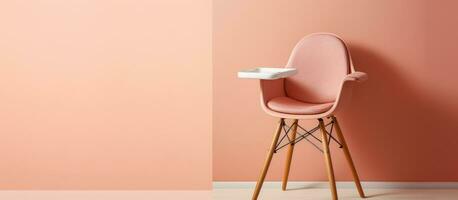 foto de un rosado silla con un blanco bandeja en arriba, Perfecto para un acogedor y elegante esquina con Copiar espacio