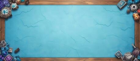Photo of various objects on a blue background with a wooden frame, offering plenty of copy space with copy space