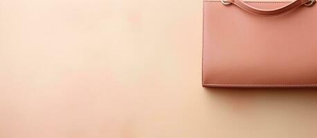 Photo of a pink purse on a table with plenty of space for text or design with copy space