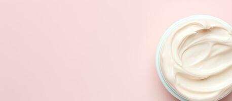 Photo of a bowl of yogurt on a vibrant pink background with ample copy space with copy space