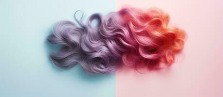 Photo of two different colored hair on a vibrant blue and pink background with plenty of copy space with copy space