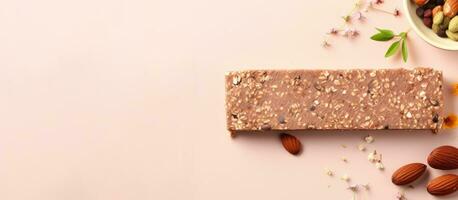 Photo of a bar of soap next to a bowl of nuts with copy space with copy space