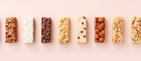 Photo of various types of food arranged on a vibrant pink background with copy space