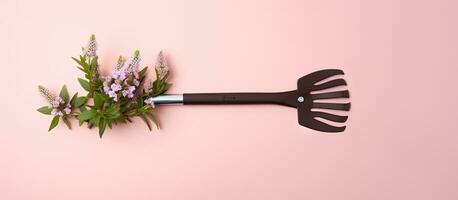 Photo of a black spatula with floral design on a vibrant pink background with copy space