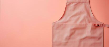 Photo of a pink apron hanging on a pink wall with empty space for text or design with copy space