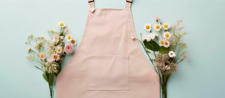 Photo of a pair of pink aprons on a table with plenty of space for customization with copy space