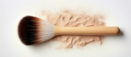 Photo of a clean white powdered makeup brush on a minimalist white background with copy space