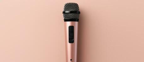 Photo of a close up of a microphone on a vibrant blue background, perfect for adding your own text or logo with copy space