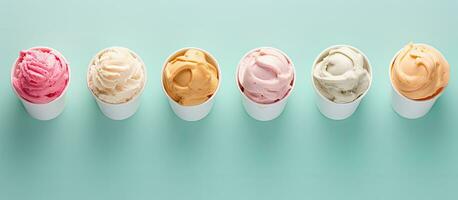 Photo of five colorful ice cream cones with plenty of copy space with copy space