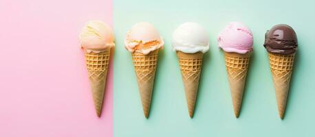 Photo of a variety of colorful ice cream flavors in a row, perfect for a sweet summer treat with copy space