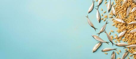 Photo of colorful fish swimming in a vibrant pink sea with copy space