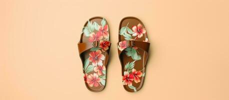 Photo of a pair of floral printed shoes with a white background with copy space