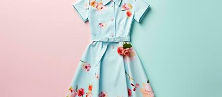 Photo of a beautiful blue dress with a vibrant floral print with copy space